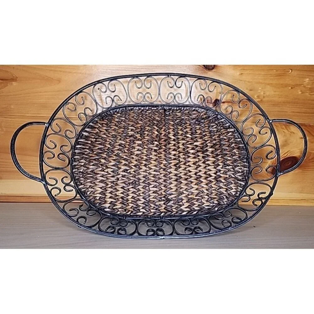Metal and Wicker Serving Tray with Handles Distressed Farmhouse Decor Basket